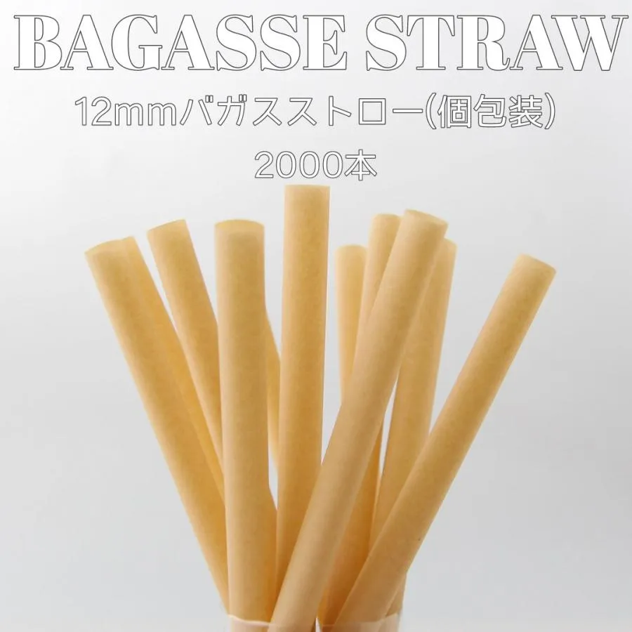 12mm口径 テイクアウト おしゃれ エコ バガス サトウキビ ストロー エコストロー 個包装  2000本