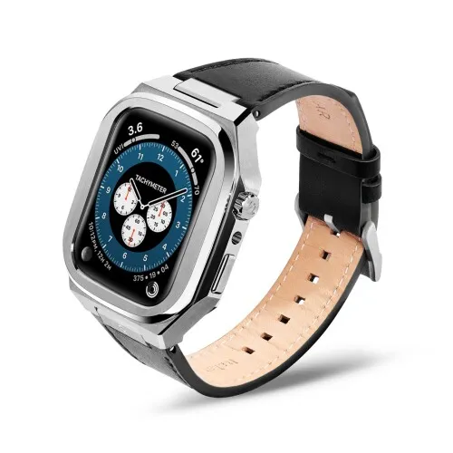 Kronemar アップルウォッチ カバー イタリアンレザーバンド付 45mm Apple Watch Series 9 / Series 8 / Series 7対応 - ステンレス/ブラック