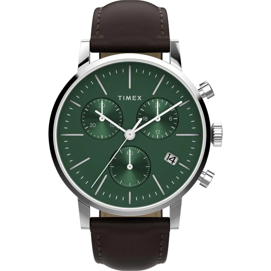 Timex ミッドタウン 40mm メンズ腕時計 ブラウンストラップ グリーンダイヤル ステンレススチールケース アナログ