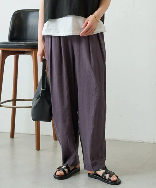 パンツ ウエストリブリネンバレルパンツ レディース