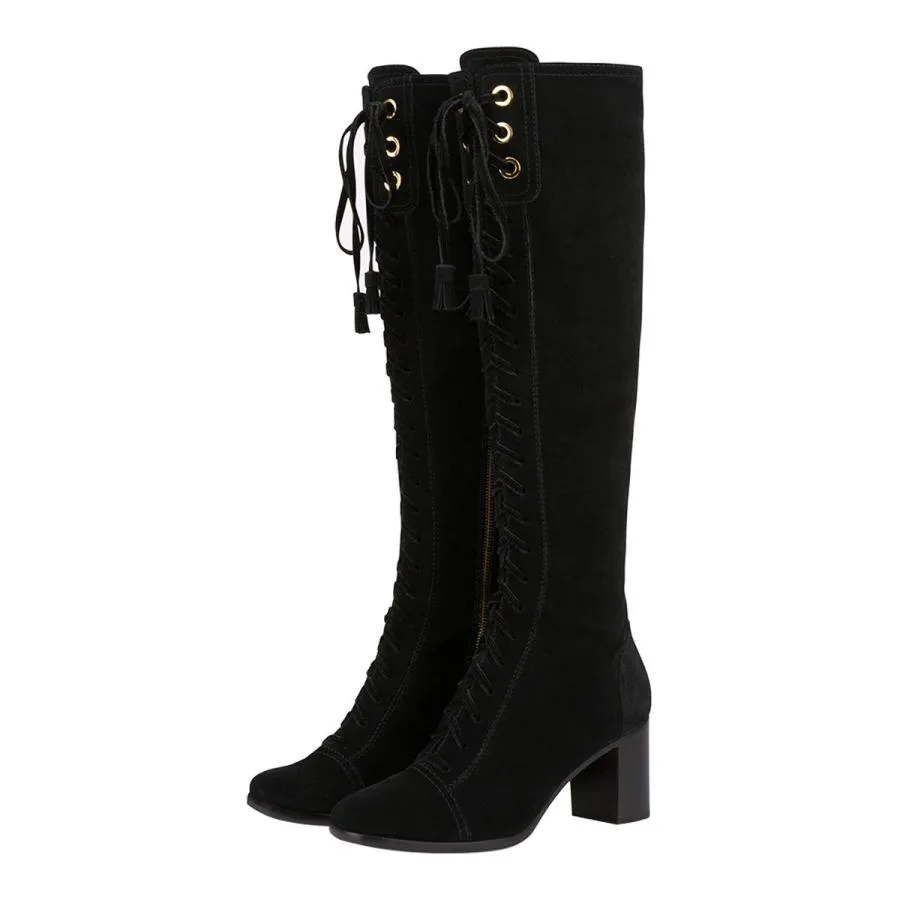 【並行輸入品】FOWT Women Vintage Knee High Chunky Block Heel Boots Lace up Tas