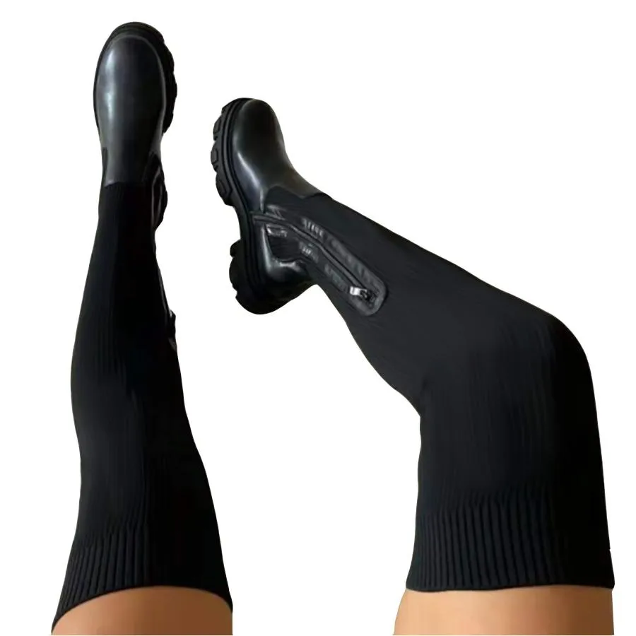 【並行輸入品】Womens Knitted High Boots Platform Thigh High Boots Ladies Casua