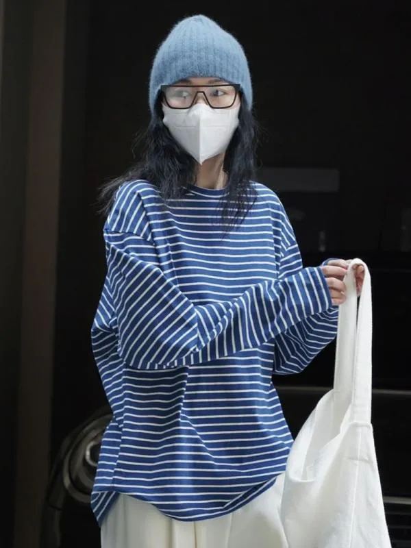 Tシャツ レディース 春夏 ストライプ ラウンドネック ゆったり ロングスリーブ シンプル レトロ カジュアル トップス スタイルアップ 普段使い コットン混 軽量