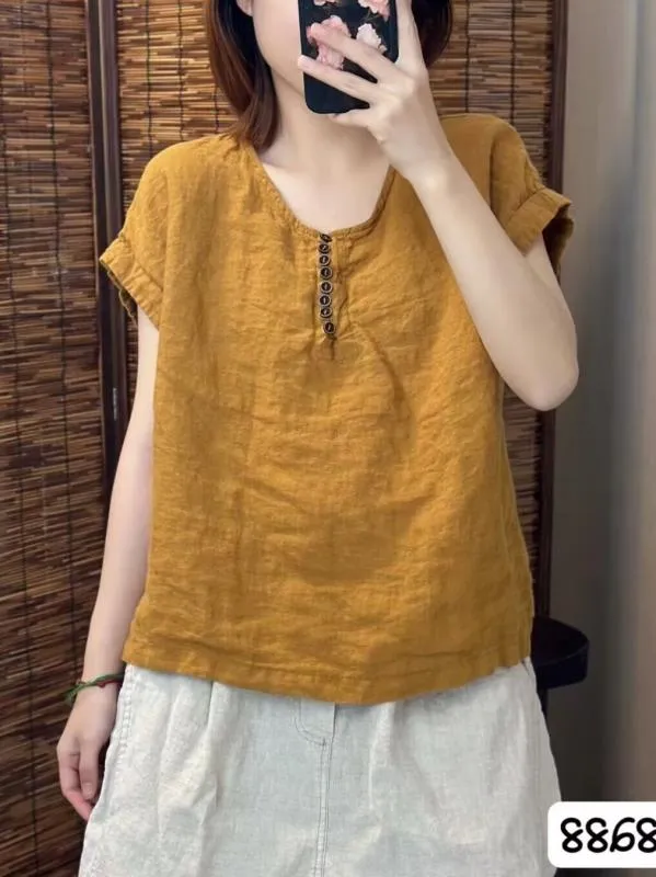リネン トップス レディース 夏 春夏 短袖 シャツ ゆったり ルーズフィット ビッグシルエット 着痩せ 抗菌 吸湿速乾 通気性 軽量 綿麻 混紡 ベーシック カジュアル 普段使い 部屋着 シンプル デザイン Vネック クルーネック ブラック ホワイト