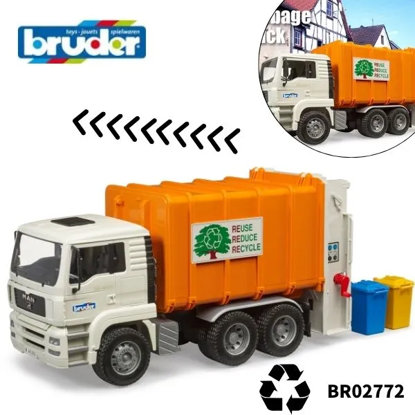 ブルーダー MAN ごみ収集車 ORANGE WHITE BR02772 車 おもちゃ 知育玩具 働く車 パッカー車 ゴミ収集車 清掃車 4歳 5歳 6歳 誕生日 プレゼント 男の子 ギフト クリスマス 玩具 bruder ドイツ製 1/16スケール 送料無料