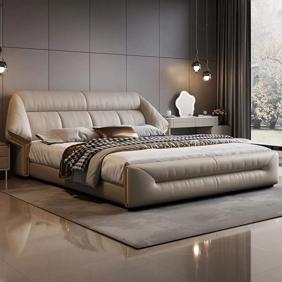 【並行輸入品】 DLCQIJI King Size Genuine Leather Wood Bed Upholstered Platform