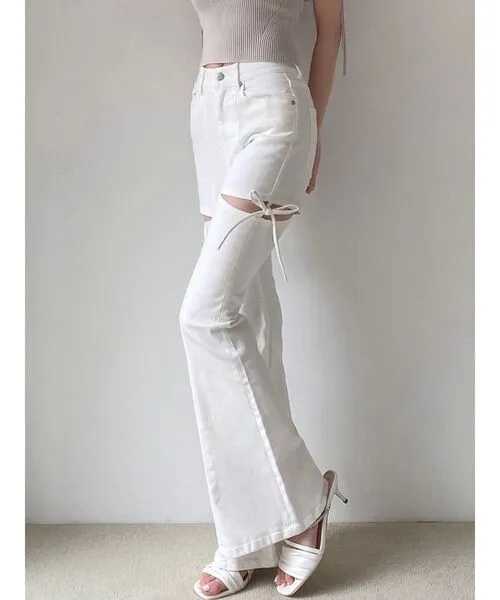 ジーンズ デニム デニムパンツ 「新色追加」カットアウトリボンデニムパンツ レディース