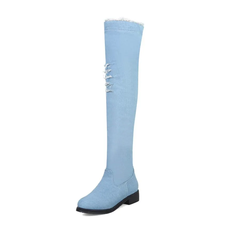 【並行輸入品】Woman Flat Over The Knee High Boots Ladies Girl Round Toe Denim