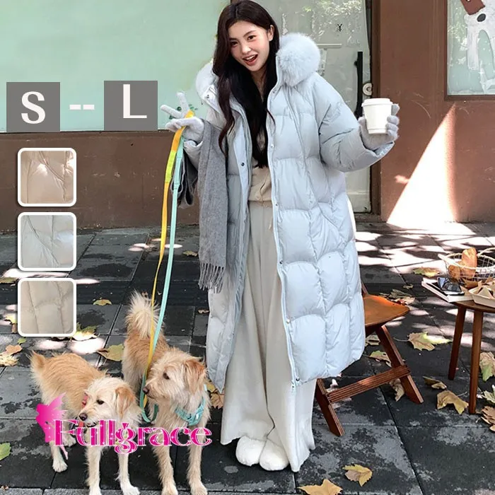 ダウンコートレディースダウン90％ロングフード付きファーアウター冬ベンチコートおしゃれきれいめ可愛いシンプルカジュアルふわふわポケット冬防寒暖かいあったか寒さ対策無地韓国ベージュピンクブルー青x0n1
