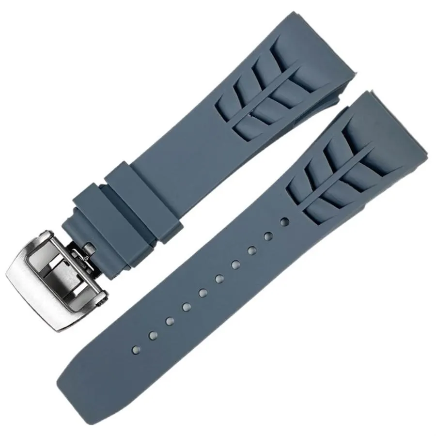 Jazoxy 25mm Rubber Silicone Watch Band for Richard Mille Strap Stainless Steel Folding Buckle Blue Strap Watch Accessories Blue Strap(Gray,25mm Silver