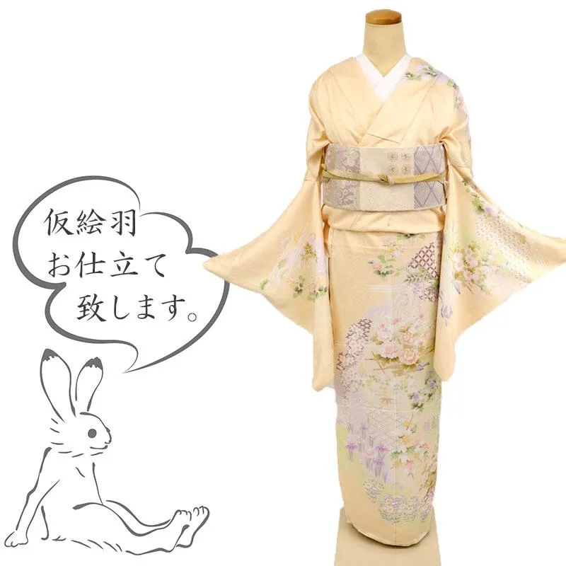 仮絵羽 訪問着 籬に麗しの花々模様 黄色 薄香色 イエロー 袷 正絹 着物 きもの HY9-15