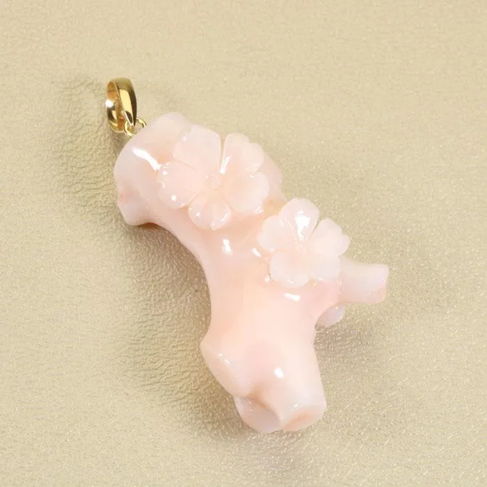 ミッド 珊瑚 ピンク ペンダント 桜 花 K18 イエローゴールド 18金 無染色 SANSUI