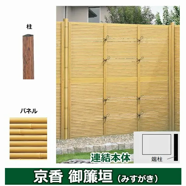 リクシル 竹垣フェンス 京香 御簾垣 ユニット型 間仕切りタイプ 両面仕様セット 連結本体 柱：木調 角柱 W-20 T-24 真竹