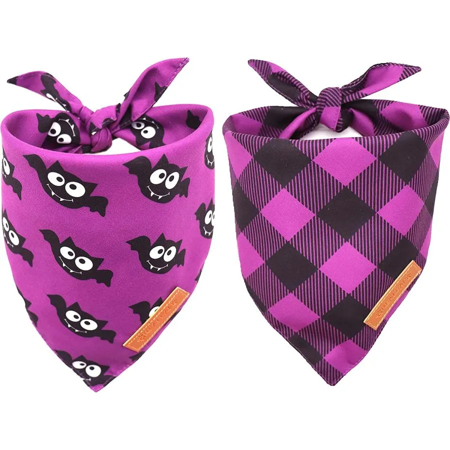 【並行輸入品】 Realeaf Halloween Dog Bandanas 2 Pack  Purple Bat and Plaid Bibs  T