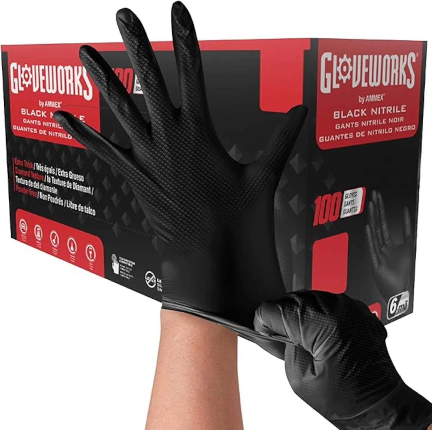 [Gloveworks] グローブワークス 厚手のニトリル手袋 黒 - ダイヤモンド加工の強力なファルコングリップ使い捨て手袋、ゴム手袋、エンジニア、整備士、自動車やバイクのメンテナンス、耐油作業手袋、100 枚入りボックスまたは 1000 枚入りケース、