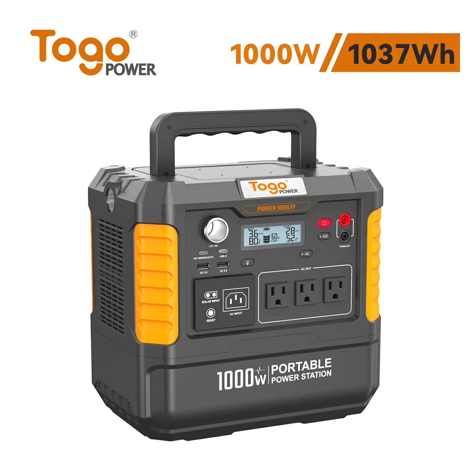 【★先着10名様限定★特別価格63,600円】TogoPower 1000W ポータブル電源 瞬間最大出力2000Ｗ 大容量 ポータブルバッテリー 1037Wh MPPT制御 非常用電源 蓄電池 家庭用 節電対策 電気代節約 防塵 純正弦波 SOS機能 車中泊 キャンプ 節電対策 津波 地震 停電