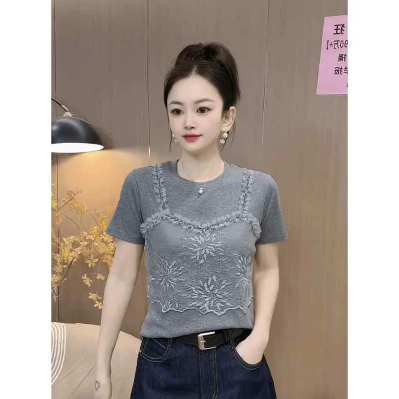 レディース ファッション おしゃれ 春夏 秋冬 大人 上品 高級 マダム ミス ミセス プレゼント 女性用 レース スプライシング フェイク ツーピース 半袖 Tシャツ 夏 エレガント 女性 ラウンドネック 半袖 トップス シンプル フリル かわいい