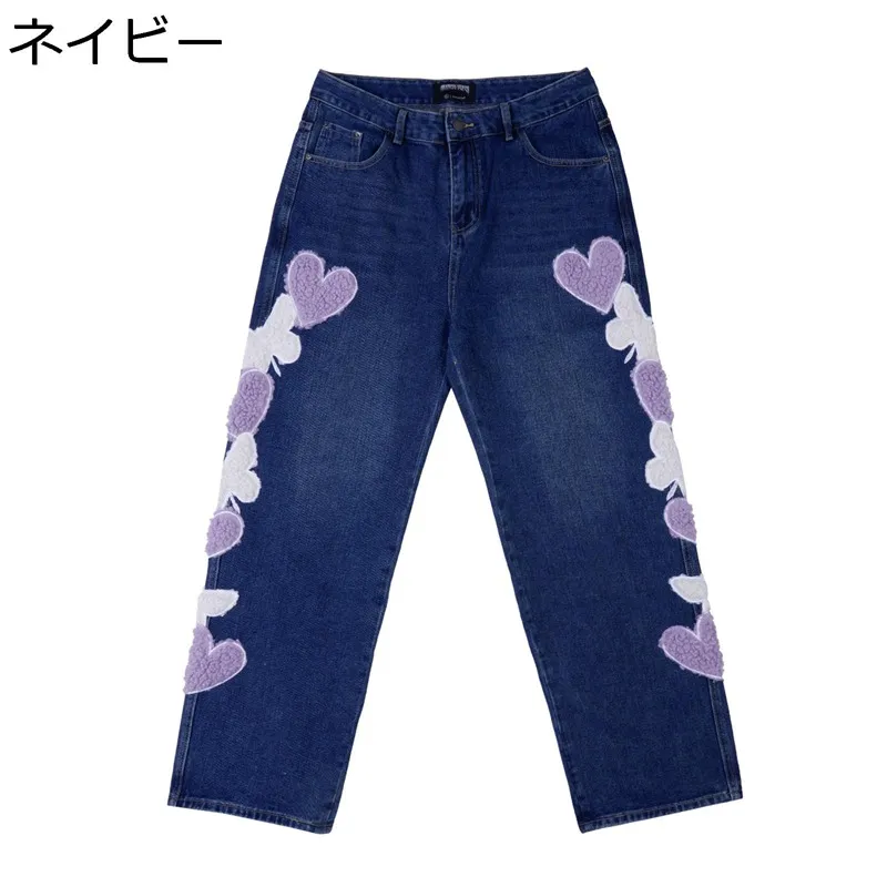 デニムパンツ メンズ 桃心柄 ワイドパンツ 窮屈感のない カジュアルボトムズ ジーンズ Gパン ファッション 履き心地いい 丈夫 長持ち ジーパン ロング丈 通勤通学 コーディネート 春夏秋服
