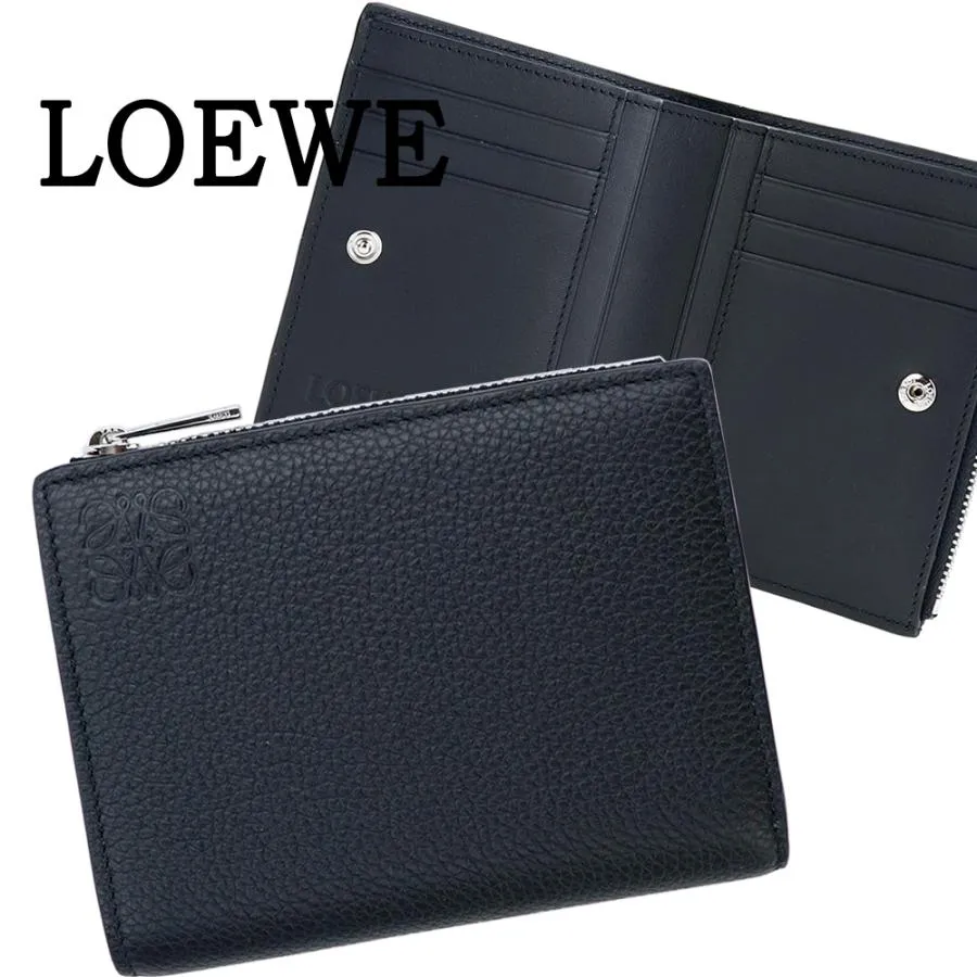 LOEWE ロエベ 二つ折り財布 小銭入れ付き スリム コンパクト ウォレット 折財布 メンズ レディース ソフトグレインカーフ 本革 アナグラム ブラック C660W73X02