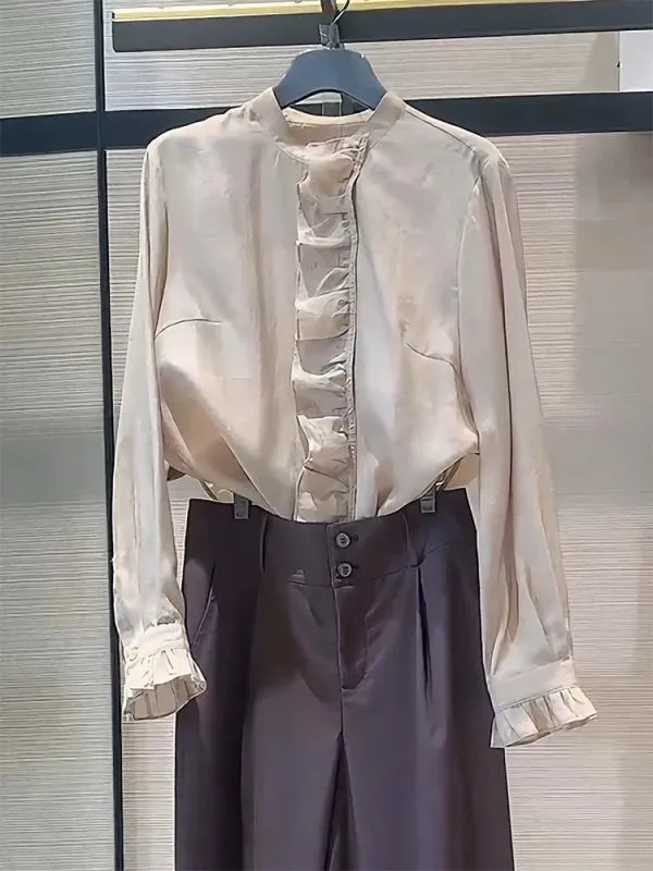 シャツ レディース 春秋 高級感 レトロ フリルエッジ 長袖 スリム トップス 合わせやすい 若見え セットアップ 軽量 伸縮性 綿素材 ビッグシルエット Vネック ブラック ピンク系 アイボリー 通勤用 普段使い