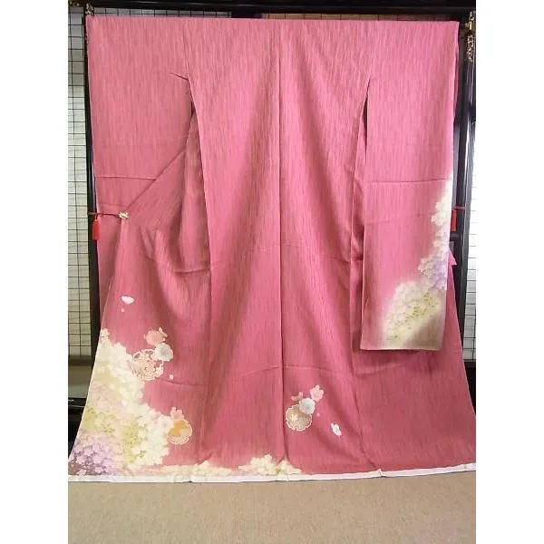 正絹振袖 仮絵羽 未仕立 桃色地縦地紋桜に雪輪 新品 307