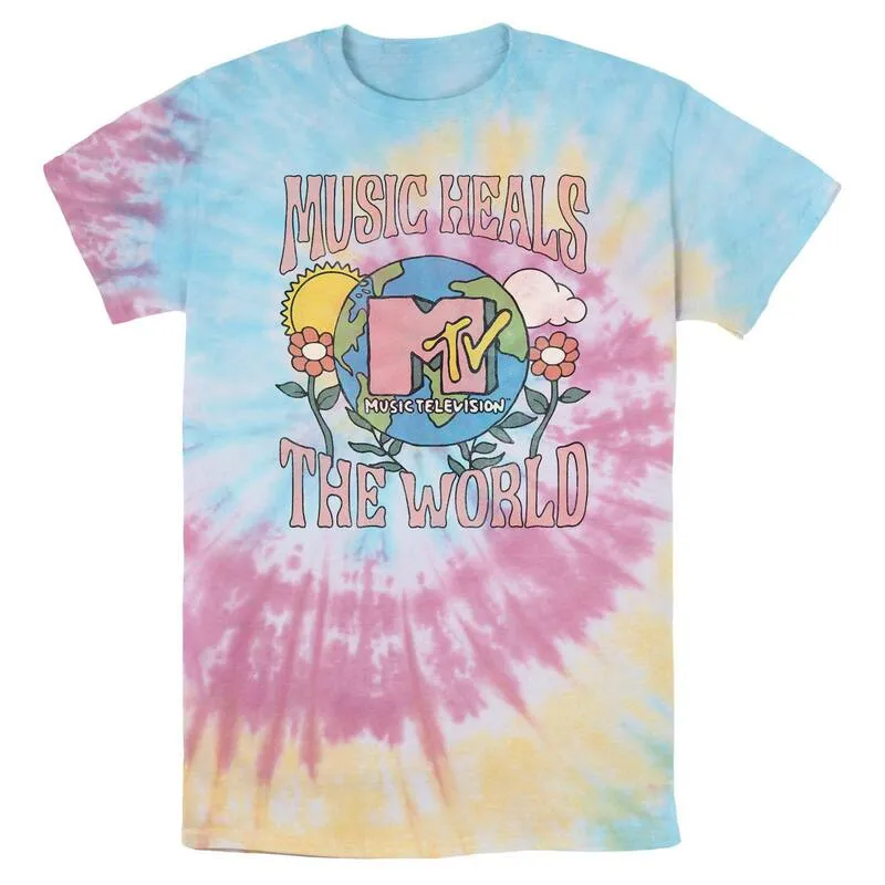 アニメキャラクター メンズ トップス Tシャツ グラフィック Licensed Character Men MTV Music Heals The World Tie Dye Graphic Tee Blue Pink Light Yellow ブルー