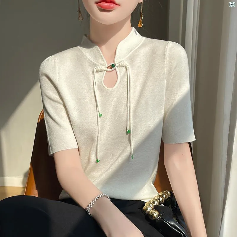 レディース ファッション コーデ 春 夏 秋 小物 レディース 夏 チャイナ 風 ニット 半袖 トップス スタンドカラー ファイン ウール インナー ベース Tシャツ