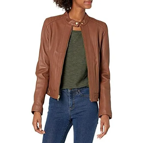 【並行輸入品】Cole Haan Women's Leather Racer Jacket with Quilted Panels, Hicko