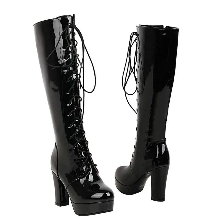 【並行輸入品】LUXMAX Women Patent Leather Knee High Boots Lace Up Platform Blo