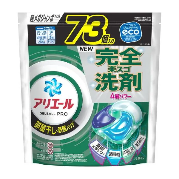(送料無料・まとめ買い×4個セット)P\u0026G アリエール ジェルボールプロ 部屋干し用 詰替え 超メガジャンボサイズ 73個入 洗濯用洗剤