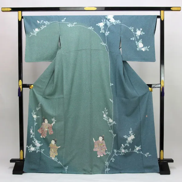 【お仕立て上がり】着物 ※訳あり※ 正絹胴裏 新品 仕立済 本加工 訪問着 童 落款入り Lサイズ 緑色系 お洒落用に あすかや [商品番号pt3696]