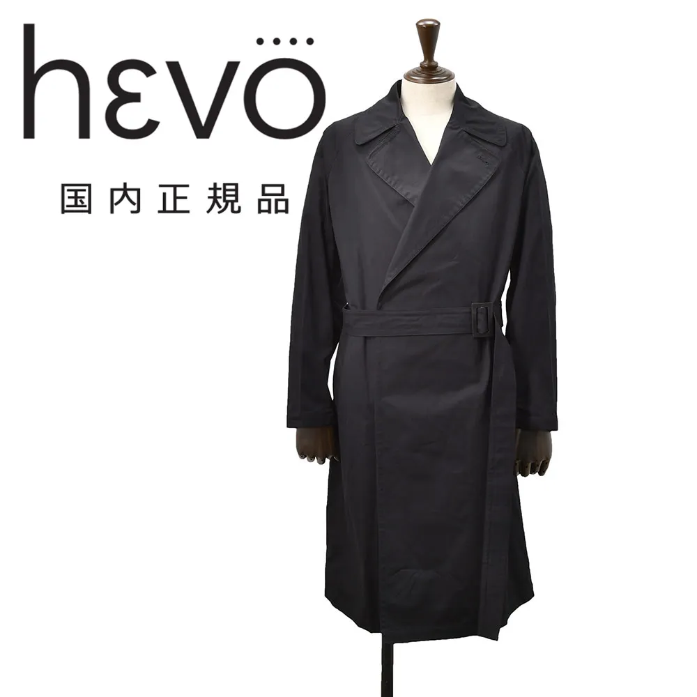 イーヴォ HEVO ベルテッドコート メンズ スプリングコート BRINDISI ブリンディジ コットンツイル ブラック 黒 ダブルブレスト リラックスフィット 国内正規品