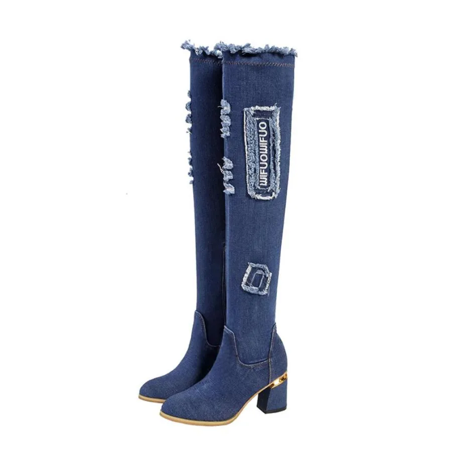 【並行輸入品】Women's Denim Over Knee Thigh High Boots Ladies Elastic Cut Out