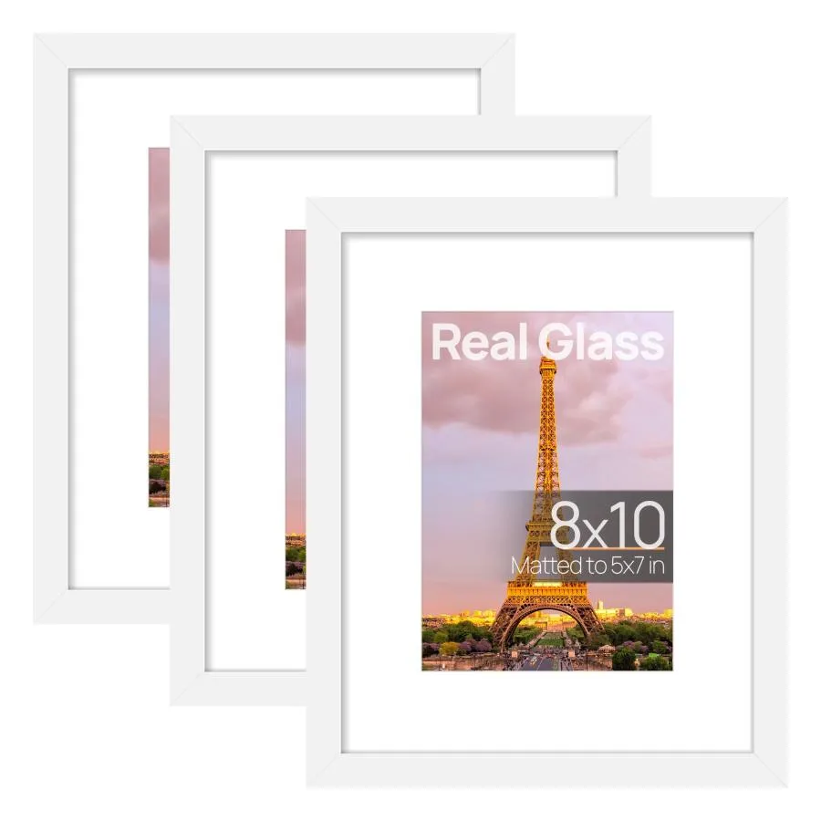 upsimples 8x10 Picture Frame Set of 3, Made of High Definition Glass for 5x7 with Mat or 8x10 Without Mat, Wall Mounting Photo Frames, White