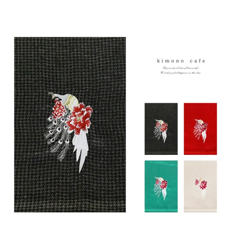 kimonocafe 振袖用帯揚げ 孔雀刺繍 千鳥格子 ラメ 正絹 振袖 帯揚 成人式 ママ振袖 綸子 緑 赤 白 黒 浴衣・着物