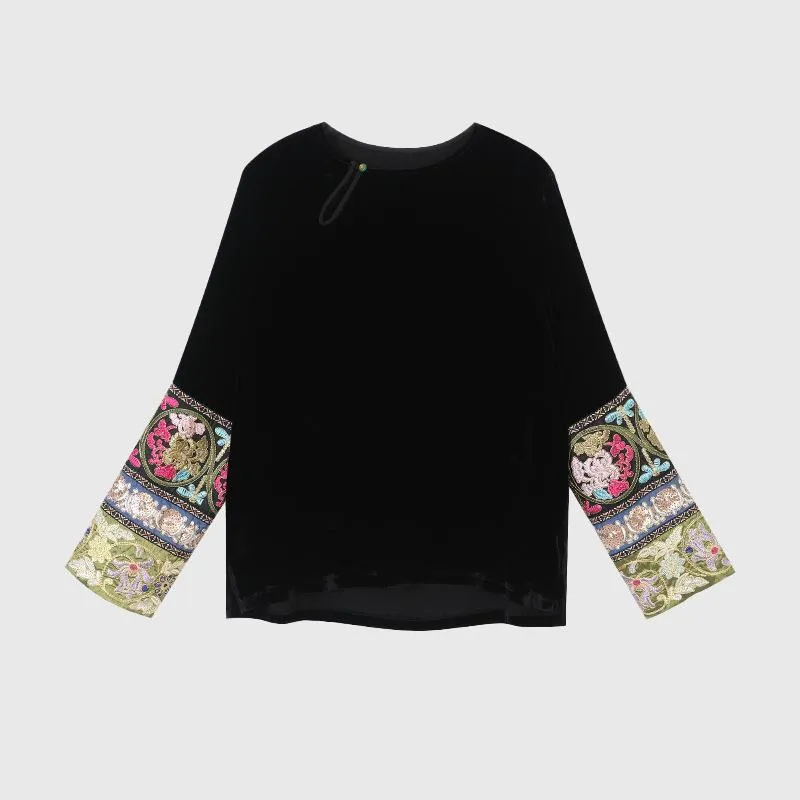 Tシャツ レディース 秋冬 国風 刺繍 トップス 桑蚕? 真? 接触冷感 柔軟 長袖 ゆったり シルク ブラック 花柄 刺繍上衣 日常着 復古 植物柄 丸首 直筒 切り替え 軽量 吸湿速乾 ルームウェア カジュアル レイヤード インナー 伸縮性 高級感