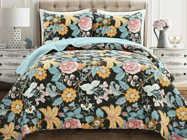 【キング】 Lush Decor ラッシュ・デコール Sydney リバーシブル・キルト3点セット  （ブラック＆ブルー） 233×274cm 薄手掛け布団1枚＆枕カバー2枚 寝具