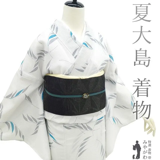 夏物 本場大島紬 着物 未使用 正絹 夏大島 単衣 ホワイトグレー リーフ 新古品 仕立て上がり 身丈165 裄丈68 Ｌサイズ みやがわ sbs15816
