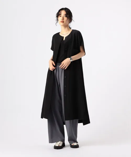 ベスト ジレ 夏 「 +サイズ 」 アセテートリネンタッサー  クルーネックロングシャツジレ レディース