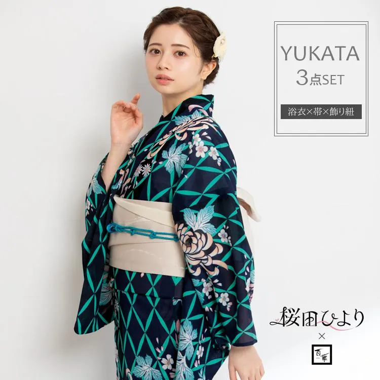 浴衣 レディース 百華 桜田ひより 浴衣 帯 飾り紐 3点セット ゆかた ブランド 大人 かわいい レトロ yukat プレタ フリーサイズ 紺 ly282