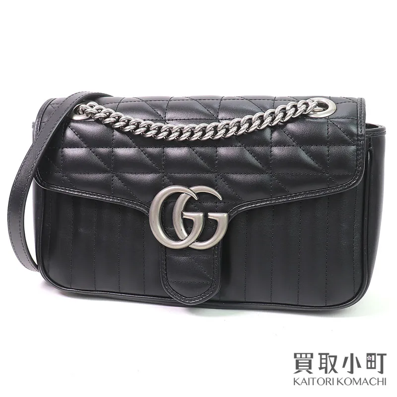 【最大1万円OFFクーポン! 5/5～】【美品】グッチ【GUCCI】GGマーモント ミディアム ショルダーバッグ ブラック キルティングレザー マトラッセ 2WAYチェーンバッグ 斜め掛け ダブルG 443497 UM8AN 1000 GG MARMONT ARIA MATELASS SH【中古】