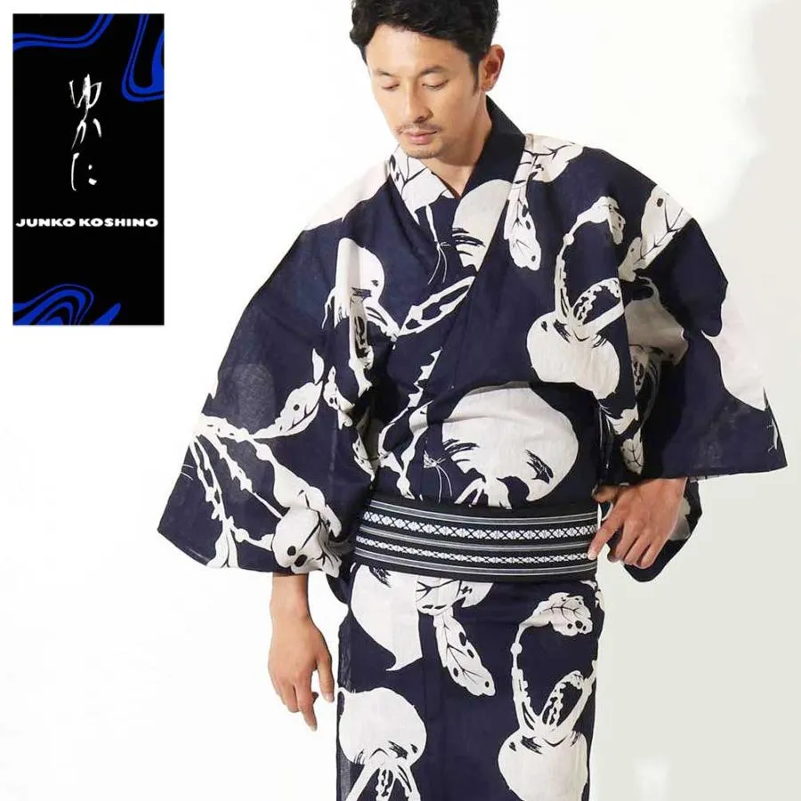 浴衣 メンズ/送料無料/日本製高級生地/浴衣 +帯+下駄+腰紐/高級・お仕立て上がりメンズ浴衣4点セット/蕪/紺地/白/