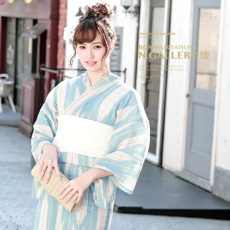 【10％OFFクーポン！5/7(木)9:59まで】SOUBIEN 浴衣 3点セット（浴衣/兵児帯/下駄） bonheur saisons 水色 ブルー 茶色 ベージュ 矢絣 綿麻 花火大会 夏祭り 浴衣セット ゆかた 女性 レディース【レトロ】【レトロ