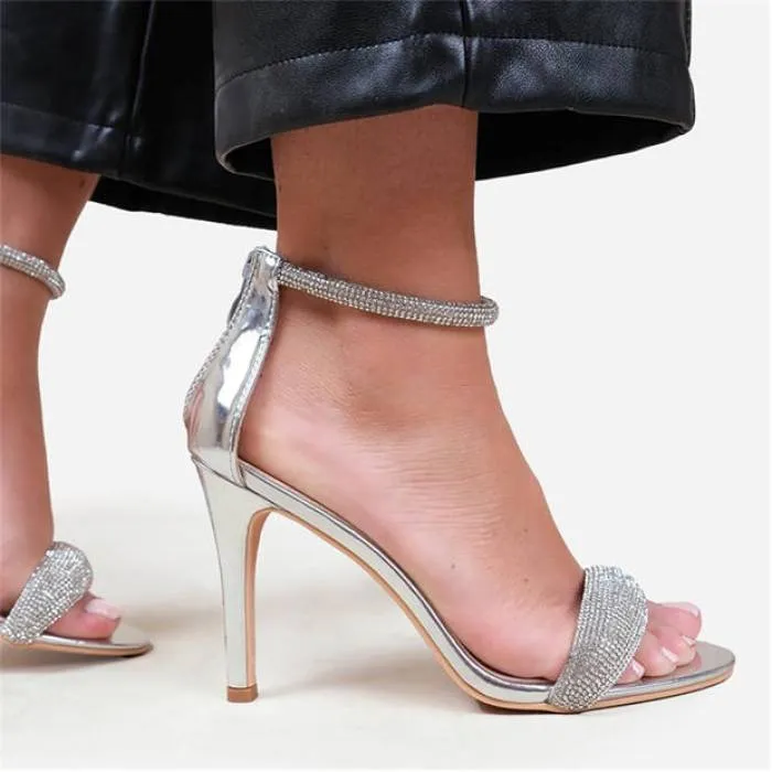 Wheres That From 【 High Heel Sandals With Diamante Ankle Strap Women Silver 】 ハイ ヒール サンダル ストラップ レディース Silver 銀色・シルバー