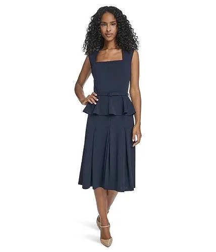 送料無料 カルバンクライン Calvin Klein レディース 女性用 ファッション ドレス Short Sleeve Scuba Crepe Belted Peplum Aline - Indigo