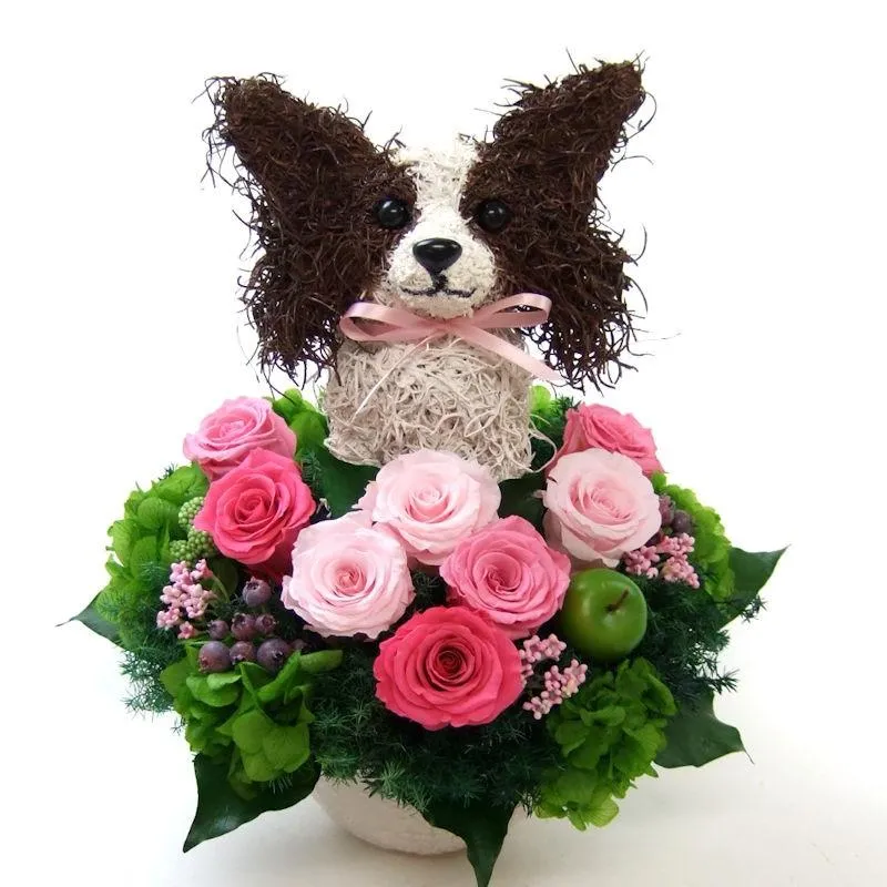 プリザーブドフラワーアレンジ犬 パピヨン Cute 結婚祝い 誕生日 ギフト プレゼント 開店祝い 動物病院開院祝い ペットのお悔やみ