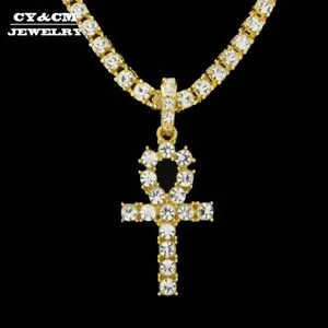 【送料無料】アクセサリー ネックレス シルバークロスエジプトゴールドキーアイスargento amp; oro iced out oro strass chiave della vita croce egitto