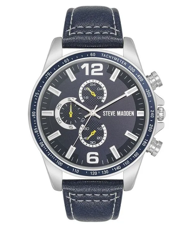 スティーブ マデン メンズ アクセサリー 腕時計 レザー フェイクレザー Steve Madden Men Modern Navy Faux Leather and Silver-Tone Alloy Metal Watch 45mm Navy/Silver-Tone ネイビー