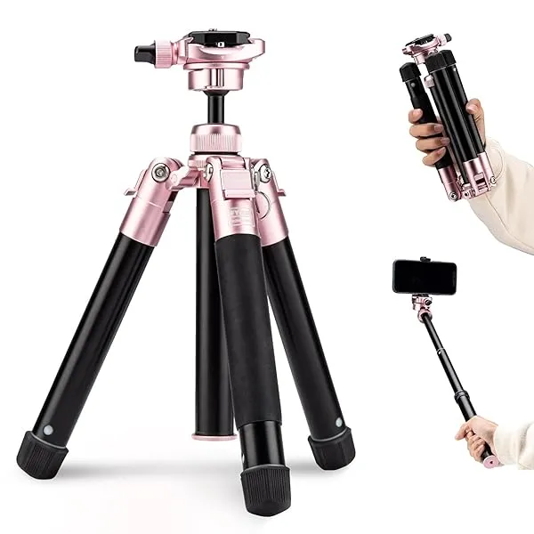 152CMミニ三脚軽量コンパクトトラベル三脚360度ボールヘッド電話マウント着脱式自撮り棒カメラフォン三脚最大荷重4KG Free-1 桜色
