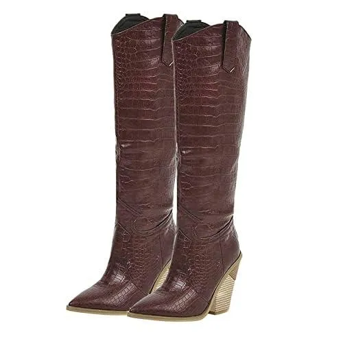 【並行輸入品】SEIFIN Knee High Cowboy Boots for Women Snakeskin Stacked Chunky